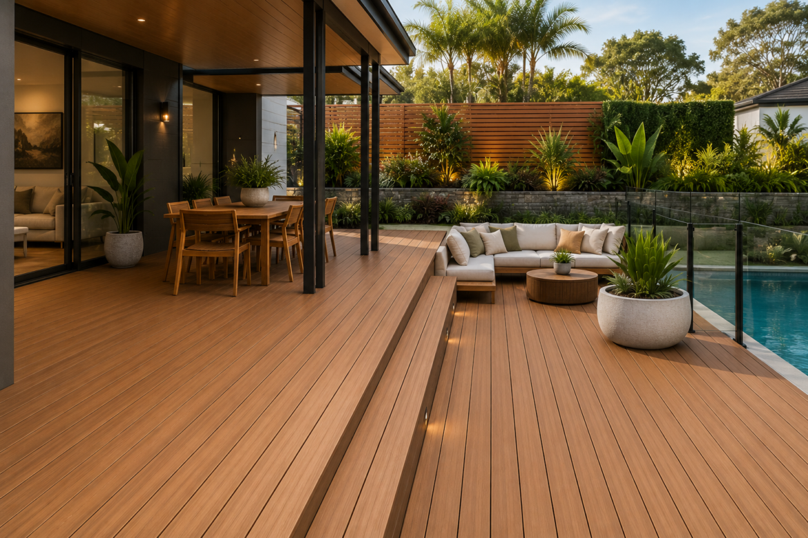 Luxury backyard with teak deck and pool