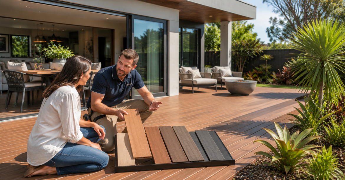 Outdoor decking consultation in modern backyard