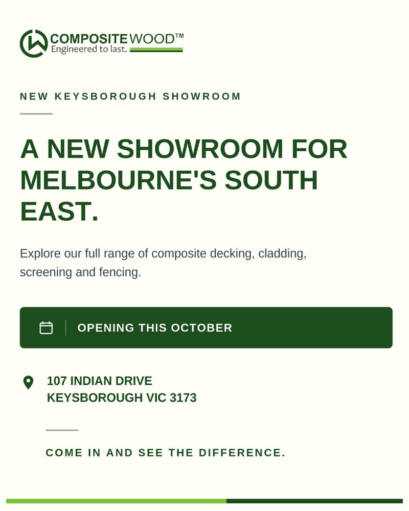 Composite Wood new showroom opening this October at 107 Indian Drive, Keysborough VIC 3173